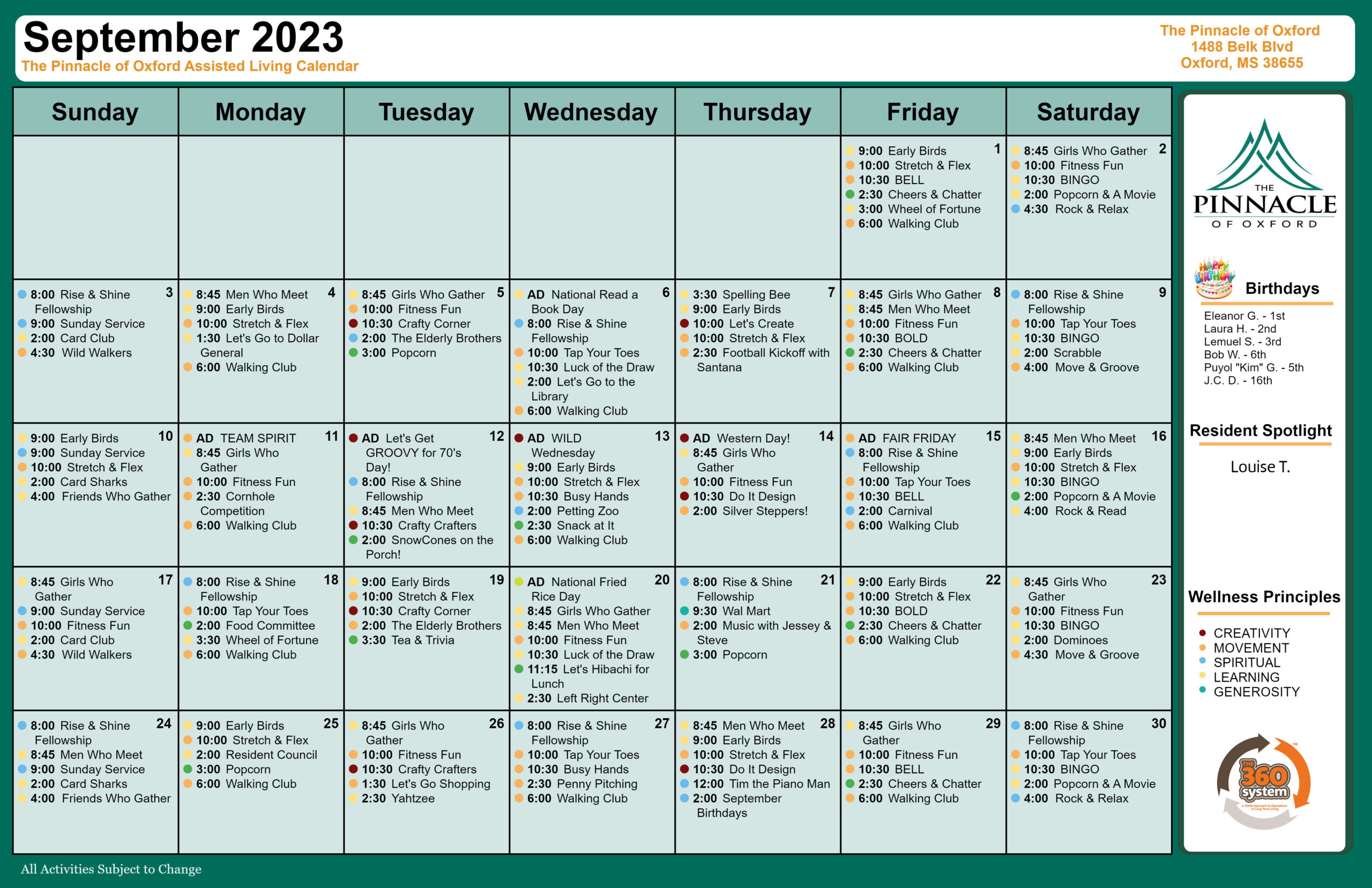 The Pinnacle of Oxford - Assisted Living and Memory Care - Assisted Living Calendar