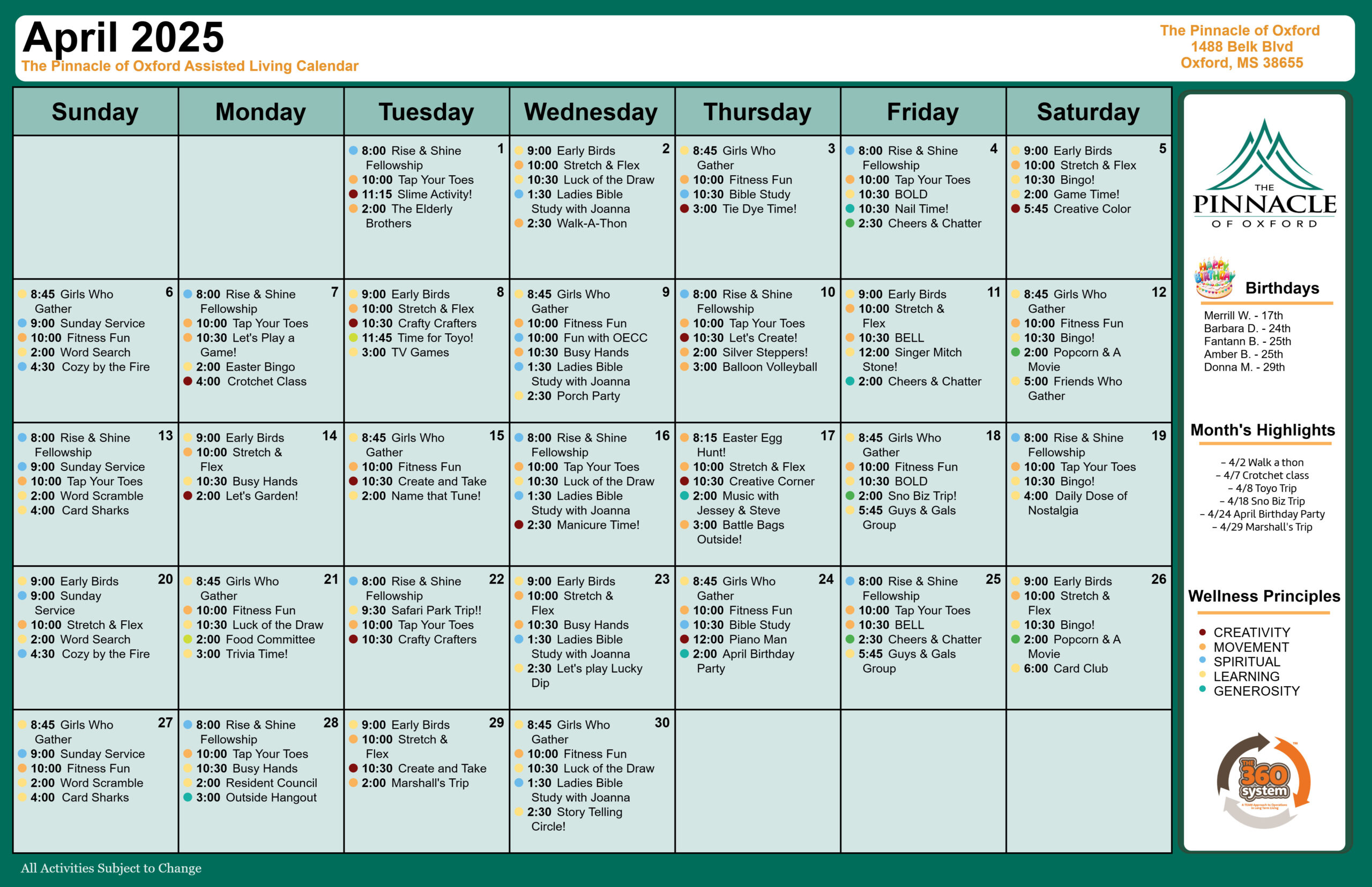 The Pinnacle of Oxford - Assisted Living and Memory Care - Assisted Living Calendar