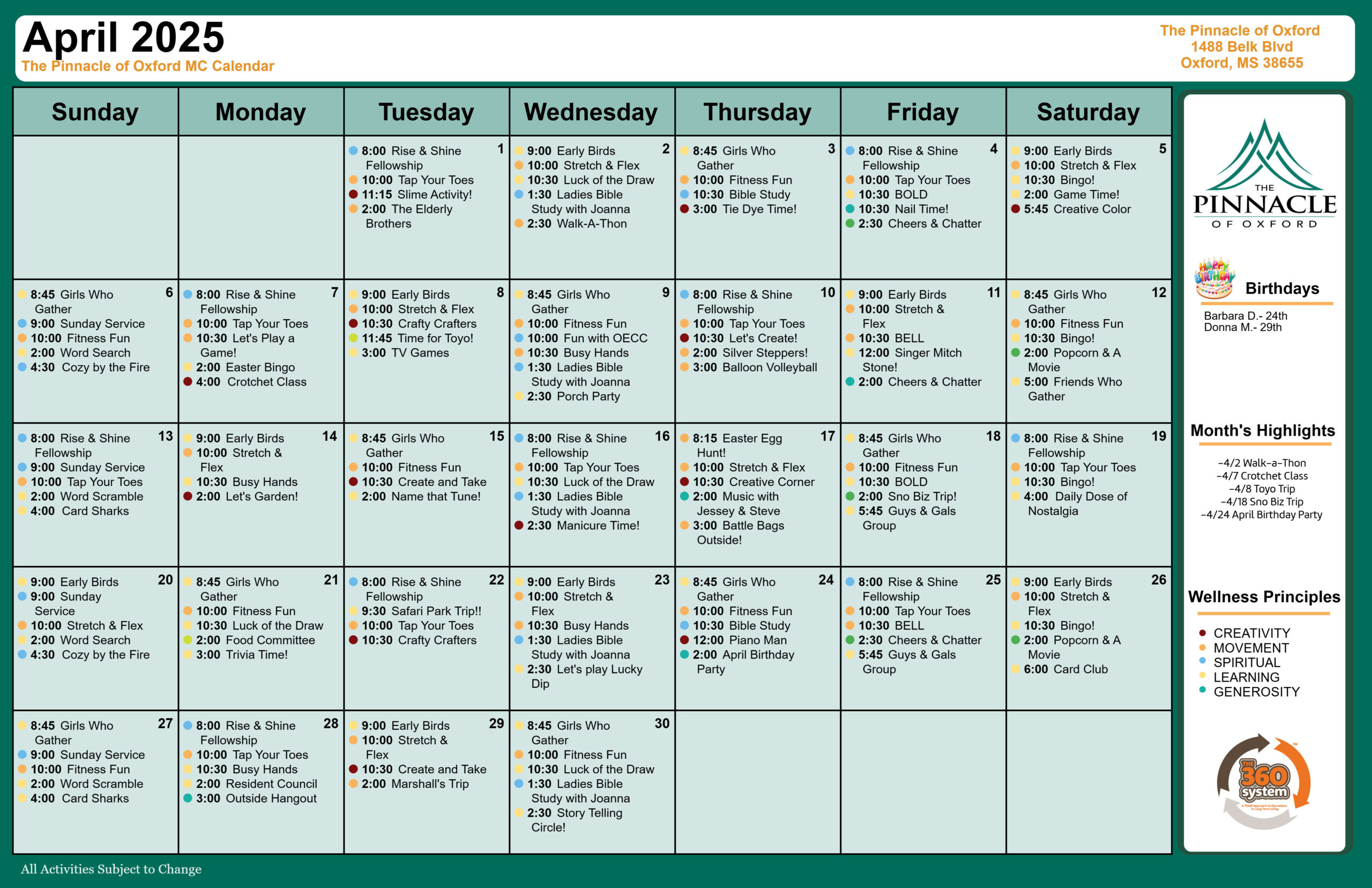 The Pinnacle of Oxford - Assisted Living and Memory Care - Memory Care Calendar