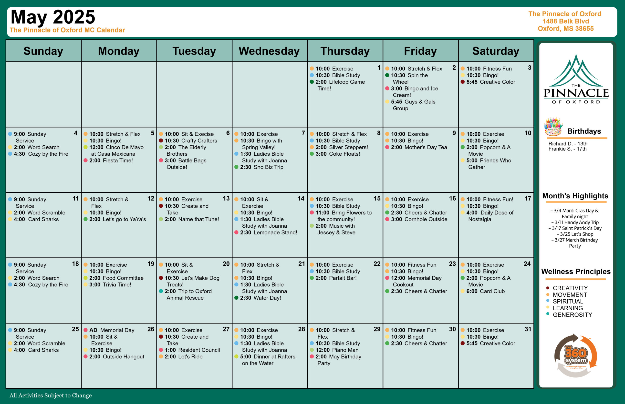 The Pinnacle of Oxford - Assisted Living and Memory Care - Memory Care Calendar