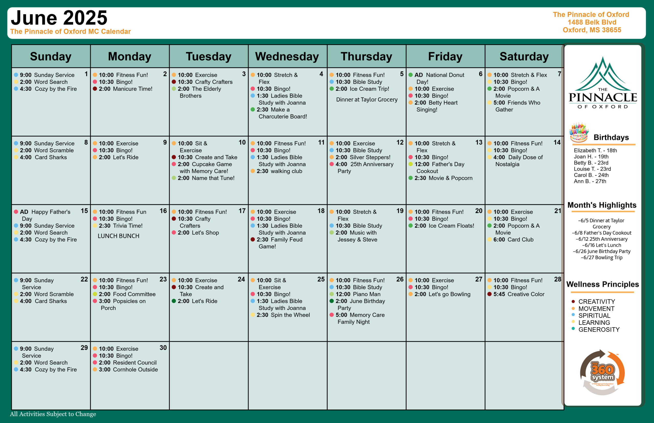 The Pinnacle of Oxford - Assisted Living and Memory Care - Memory Care Calendar