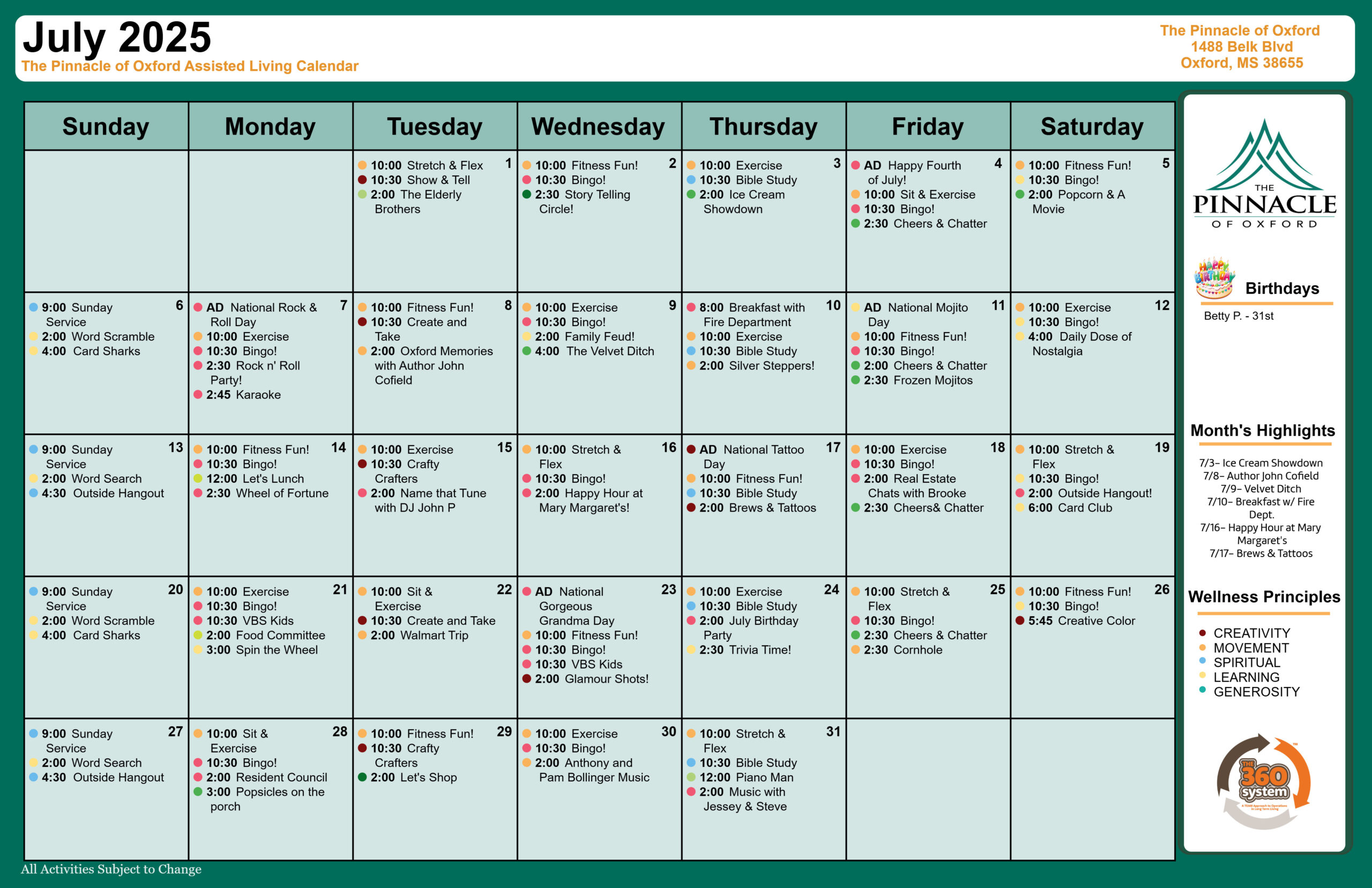 The Pinnacle of Oxford - Assisted Living and Memory Care - Assisted Living Calendar