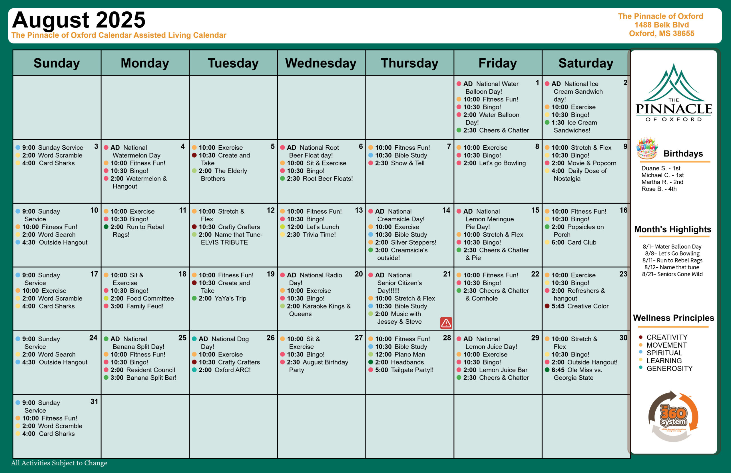 The Pinnacle of Oxford - Assisted Living and Memory Care - Assisted Living Calendar