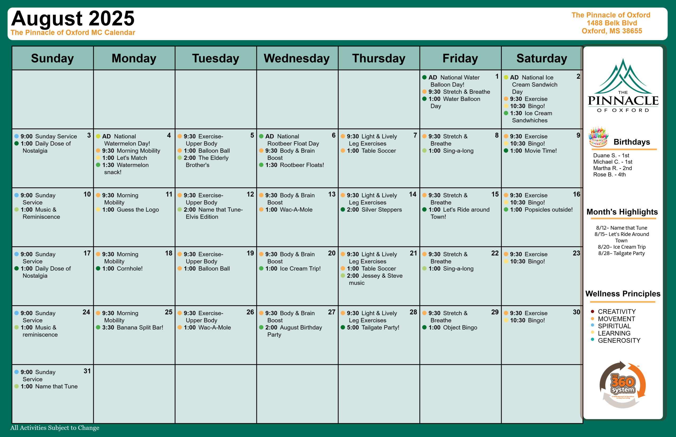 The Pinnacle of Oxford - Assisted Living and Memory Care - Memory Care Calendar