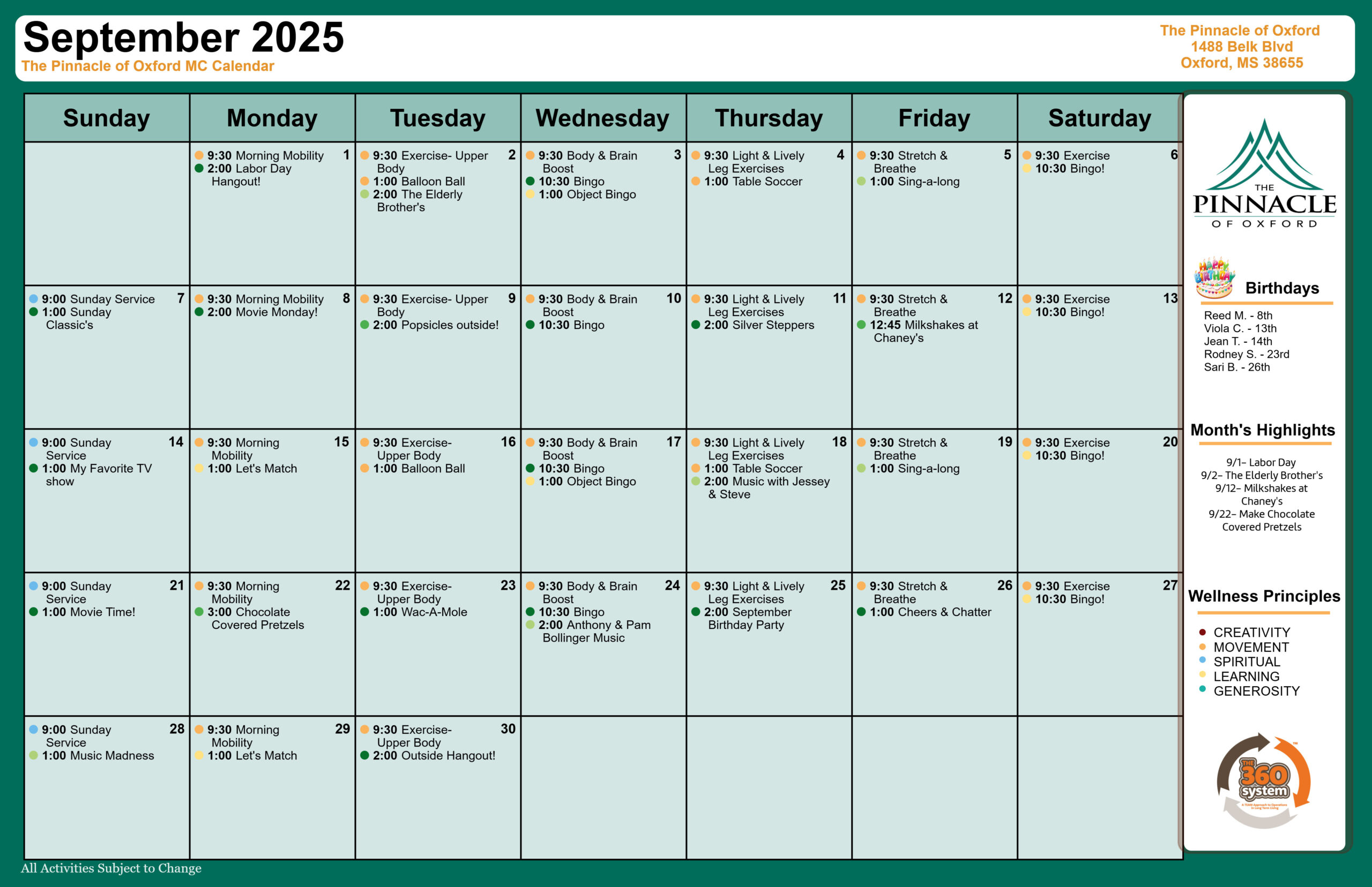 The Pinnacle of Oxford - Assisted Living and Memory Care - Memory Care Calendar