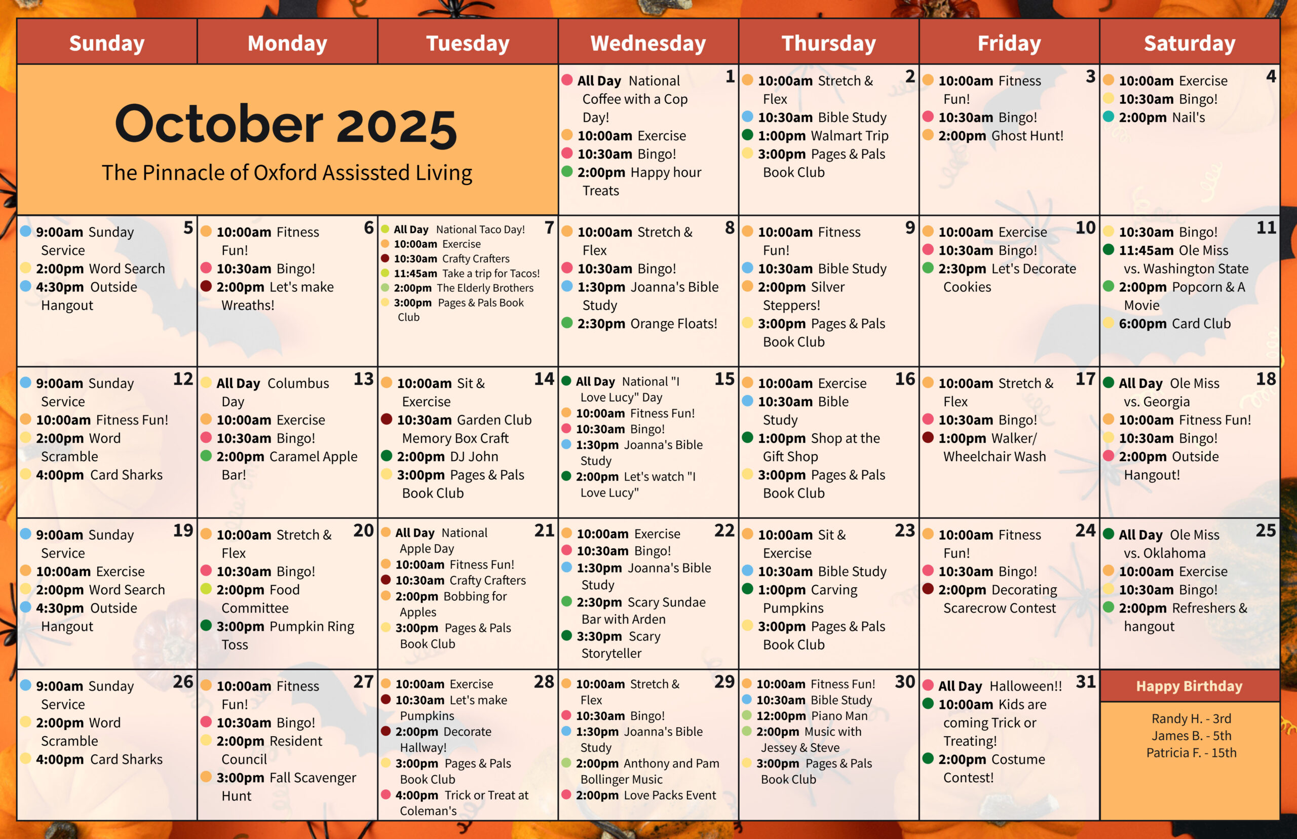 The Pinnacle of Oxford - Assisted Living and Memory Care - Assisted Living Calendar