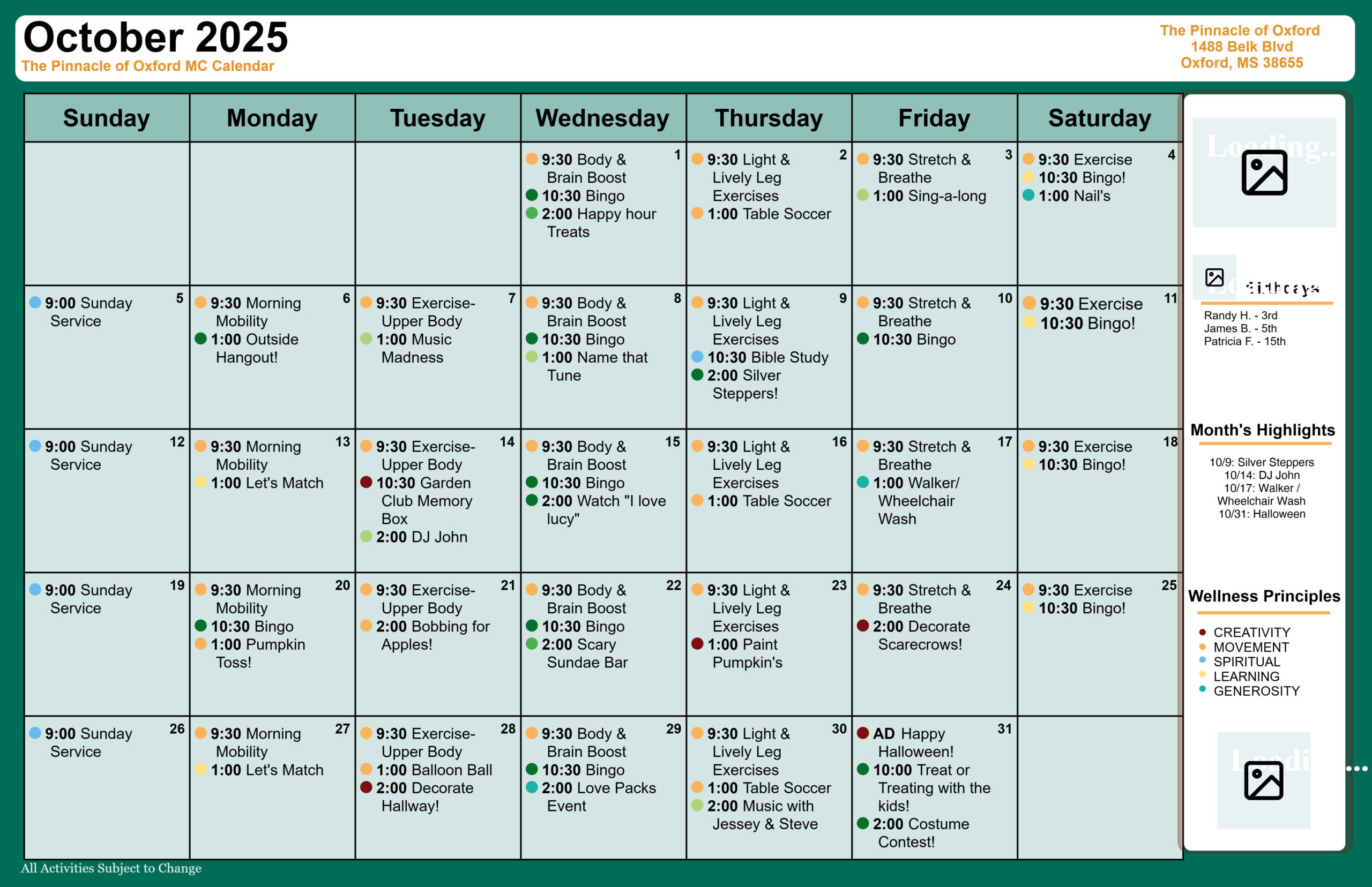 The Pinnacle of Oxford - Assisted Living and Memory Care - Memory Care Calendar